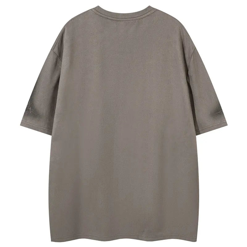 Vintage Suede T-Shirt Y2K Grunge Hip Hop Embroidered Tie Dye Oversized Streetwear Tshirt Men Harajuku Punk Gothic Baggy Top Tee