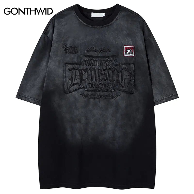 Vintage T-Shirt Y2K Grunge Embroidered Letter Patch Tie Dye Oversized Tshirt Streetwear Hip Hop Punk Gothic Baggy Harajuku Top