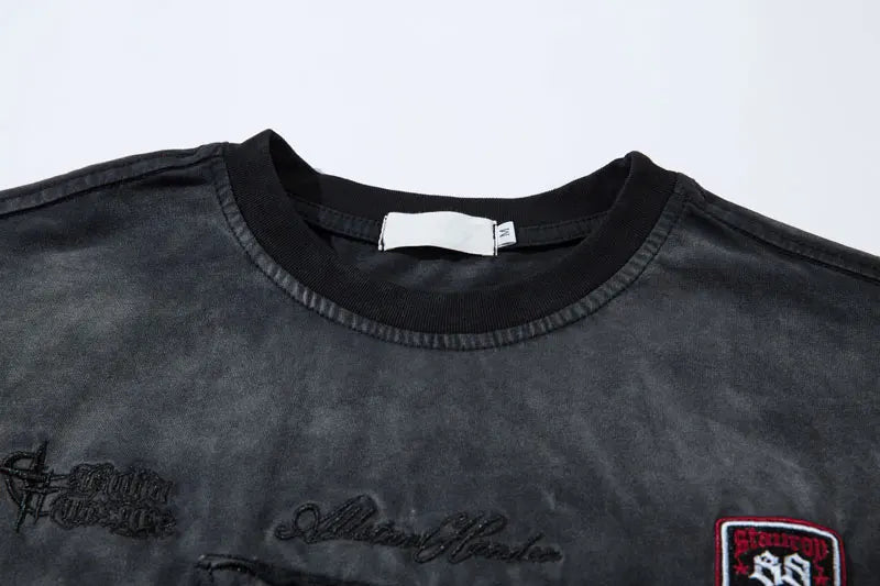Vintage T-Shirt Y2K Grunge Embroidered Letter Patch Tie Dye Oversized Tshirt Streetwear Hip Hop Punk Gothic Baggy Harajuku Top
